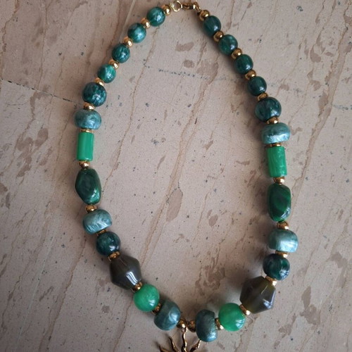 Maria Panariti Necklace with Sun Pendant and Green Beads new