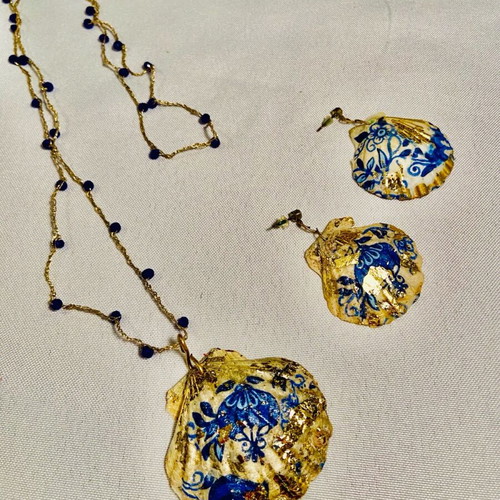 Jewelry set handmade earrings with shell and gold leaf necklace with braided gold thread new