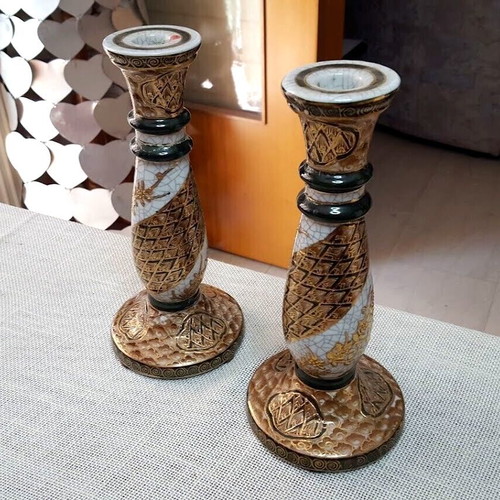Royal Satsuma porcelain candlesticks set used, hand-painted