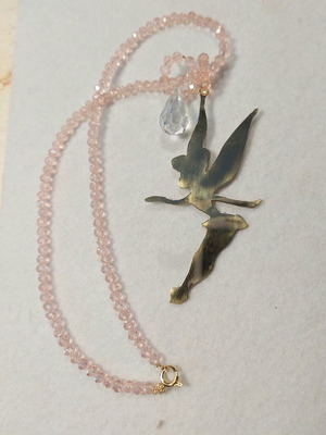 Tinkerbell necklace with bronze fairy and pink iridescent beads