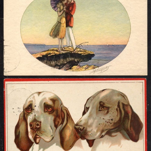 Artistic chromolithograph greeting postcards used, set of 2