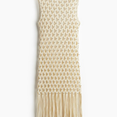 H&M Studded Crochet Net Fringed Midi Dress new, beige, XS