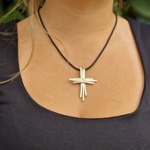 Silver Handmade Cross Pendant with Black Cord, New