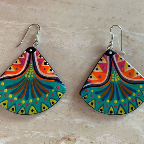 Wooden earrings hand-painted boho style, vintage 90s, new
