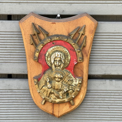 Nautical Religious Shield Panagia Vrefokratousa used, wooden base 23.5 cm