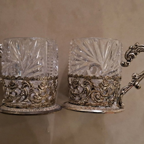 Handmade cups used, set of 2 with ornate silver-plated exterior