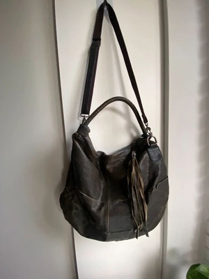 Women's leather large hobo shoulder bag used, blue