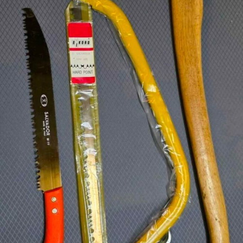 Axe and saw set new with wooden handle and Salvador bow saw