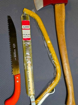 Axe and saw set new with wooden handle and Salvador bow saw
