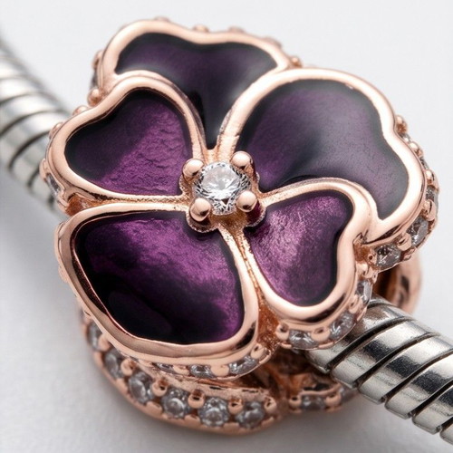Pandora Deep Purple Pansy Flower Charm new with 14K rose gold and cubic zirconia