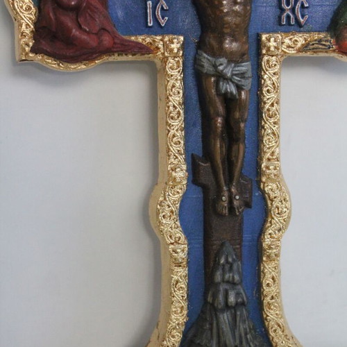 Wooden carved cross painted new with egg tempera and gilding