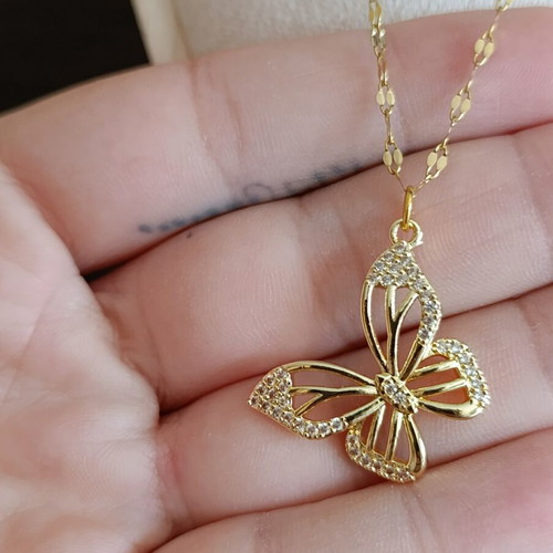 Butterfly necklace with zircon, like new, stainless steel, gold color