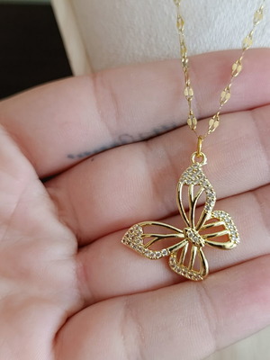 Butterfly necklace with zircon, like new, stainless steel, gold color