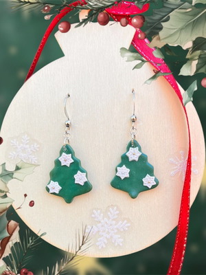 Christmas tree earrings new, handmade from steel and polymer clay