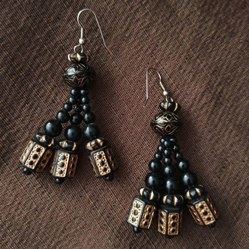 Handmade long ethnic boho tribal earrings like new, black-gold