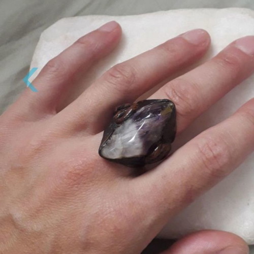 Vintage ring used, handmade leather with semi-precious stone