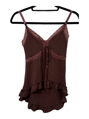IMPERIAL brown cami top with ruffles and lace S
