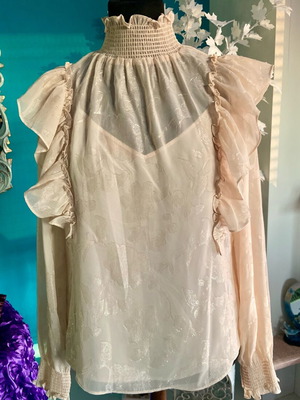 Iridescent floral semi-transparent blouse beige new, size M