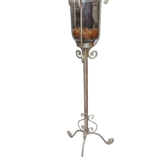 Floor candleholder metal silver matte with glass, like new
