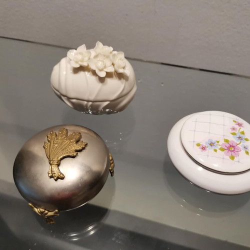 Vintage jewelry boxes used, set of 3, metal and porcelain