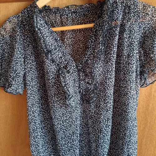 Blue polka dot chiffon blouse with ruffles and smocked waist, like new
