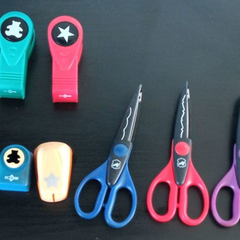 Scissors and craft punches used, set with 6 Henzo scissors, 2 JPC stamps, 5 JPC and Fiskars punches