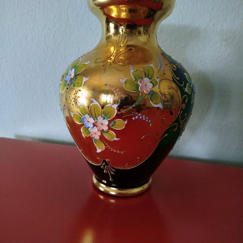 Murano vase emerald green with 24k gold leaf overlay like new