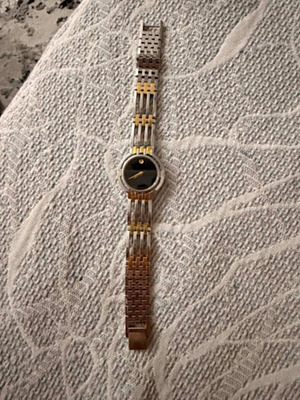 Movado Esperanza ladies watch used, silver-gold tone bracelet, black dial