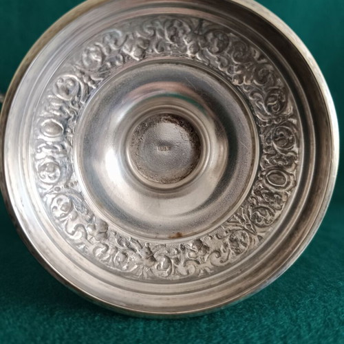 Vintage silver-plated Art Nouveau sugar bowl with blown red glass insert like new