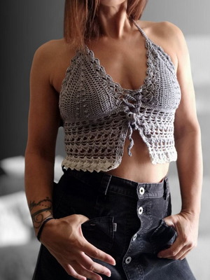 Handmade knitted crop top backless in cotton ombre yarn, gray, size S
