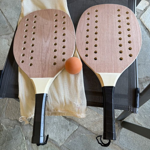 Wooden beach rackets set with ball and case new