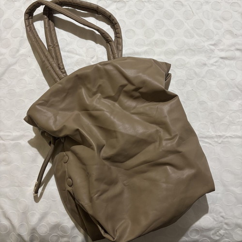 Vintage large shoulder bag, beige faux leather