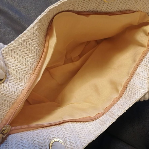 Raffia bag with machine embroidery applique new, beige