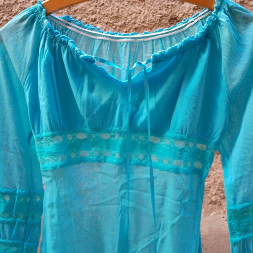 Asymmetric Sheer Blouse Turquoise new, size Small