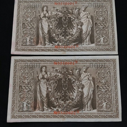 1000 Mark 1910 banknotes used, set of 2 from Germany