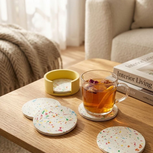 Terrazzo Concrete Coasters Set of 4 with Holder new, handmade