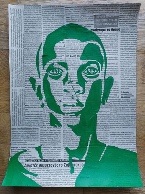 Handmade collage painting on newspaper for home or shop decor