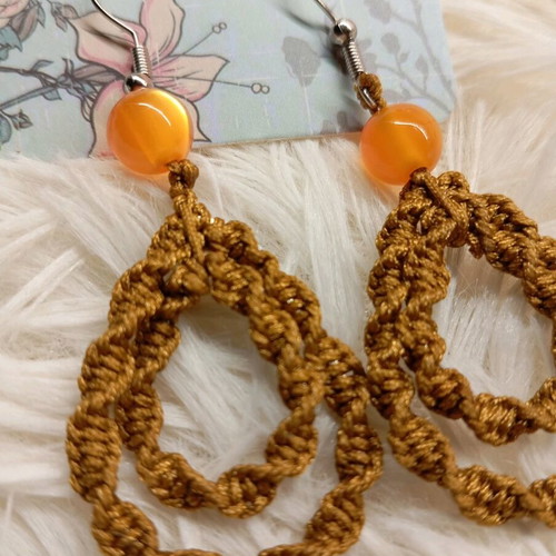 Macrame handmade earrings orange, new with stainless steel clasps