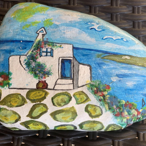 Handpainted Decorative Stone with Cycladic Landscape, like new