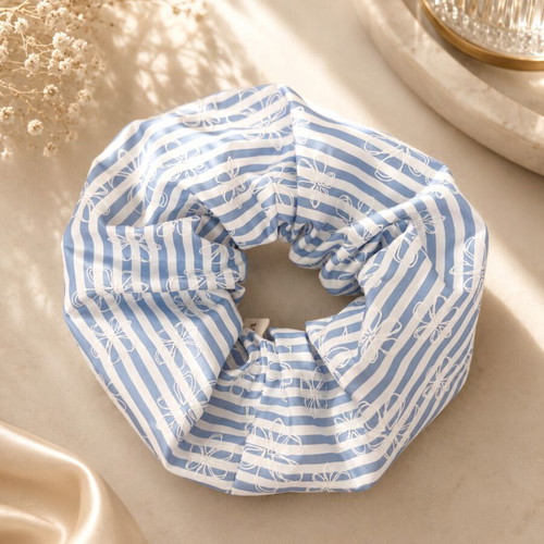 Scrunchy handmade striped white and blue with flowers
