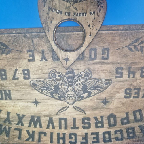 Ouija set wooden spirit board like new, vintage gothic occult design