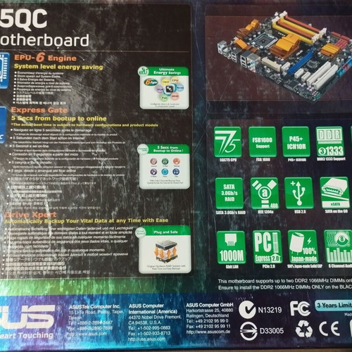Asus P5QC motherboard new, ATX, Socket 775, Intel P45 chipset