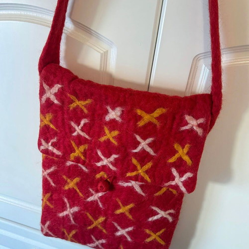 Handmade Crossbody Bag Used from Nepal Red Wool Felt