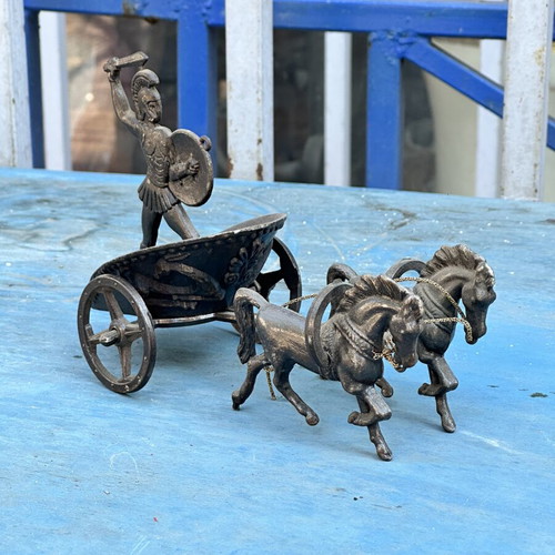 Ancient Greek decorative chariot with warrior and horses, 19 cm