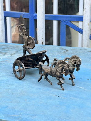 Ancient Greek decorative chariot with warrior and horses, 19 cm