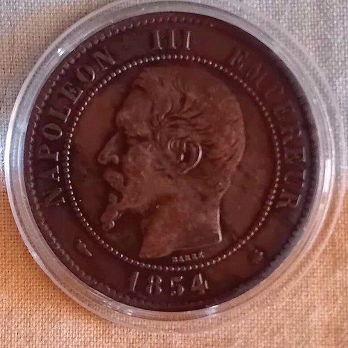 French 10 Centimes 1854BB coin used, Napoleon III copper