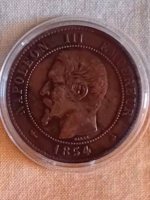 French 10 Centimes 1854BB coin used, Napoleon III copper