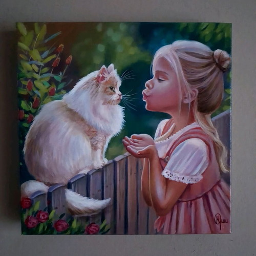 Painting acrylic on canvas 30x30 cm new, Girl with Cat