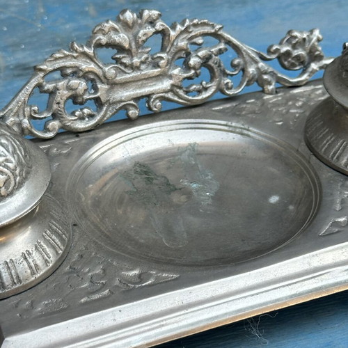 Vintage double metal inkwell with embossed decoration