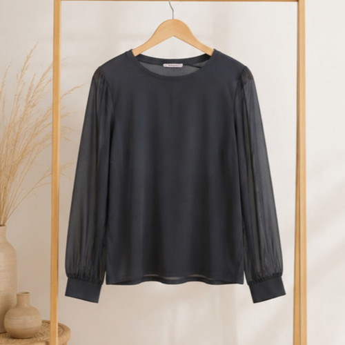 Orsay mako blouse size L, dark grey with sheer sleeves